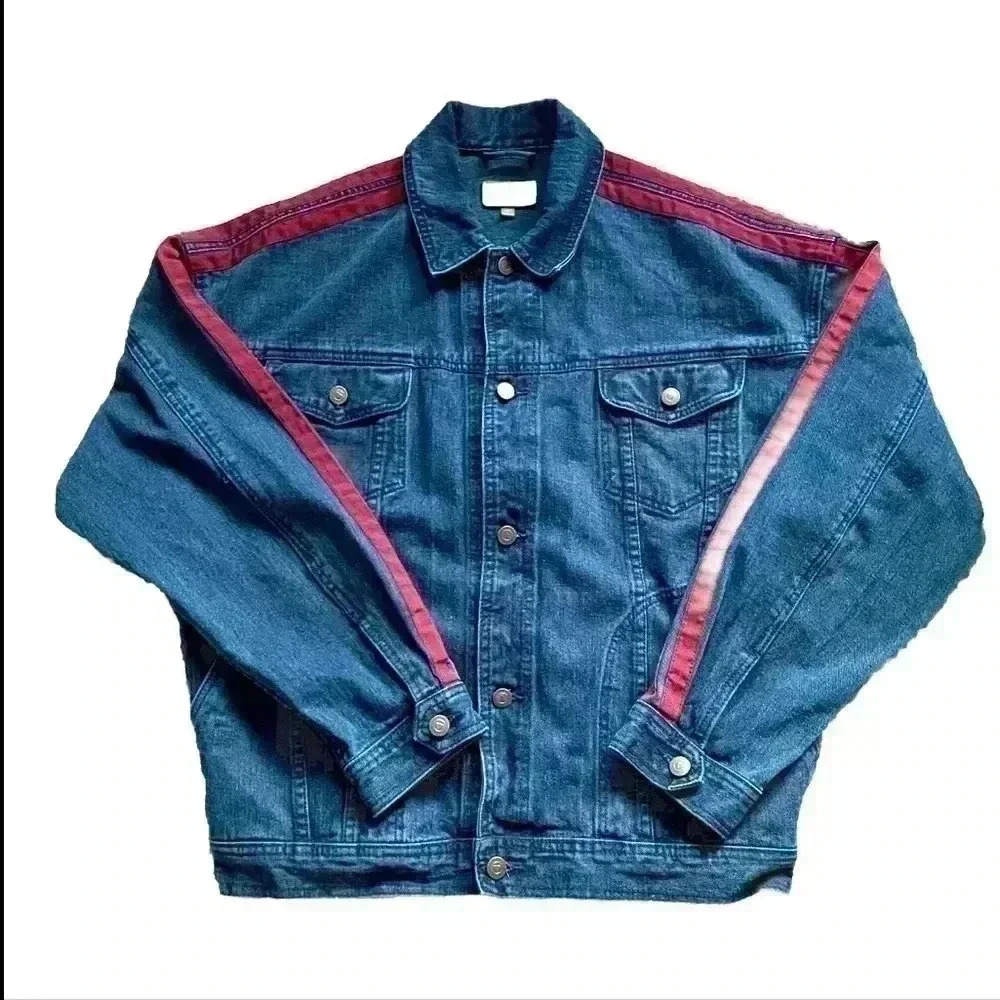 ASOS mens oversized denim jacket S navy‎ blue red stripe pockets